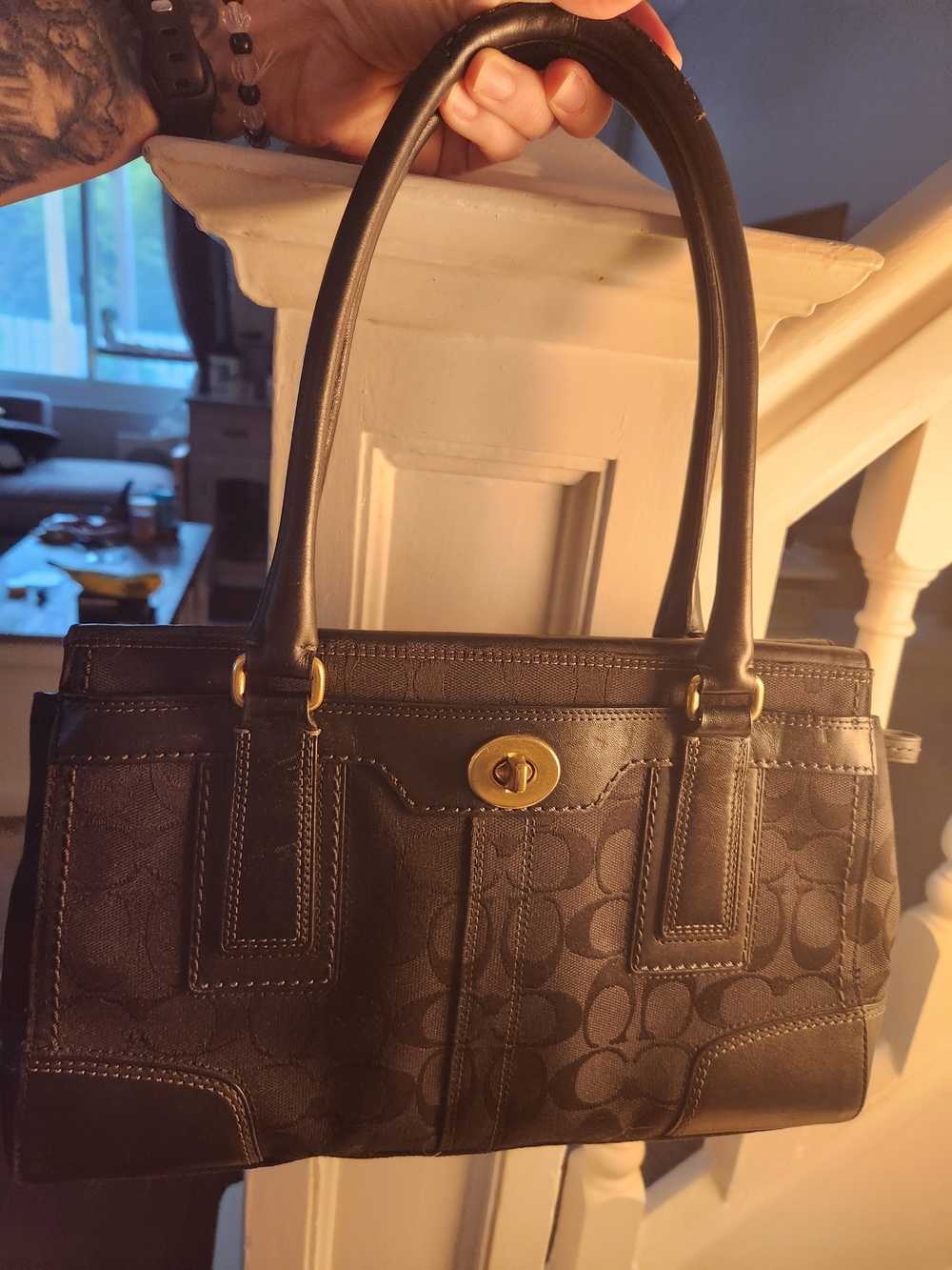Coach Black Signature Canvas Turnlock Tote